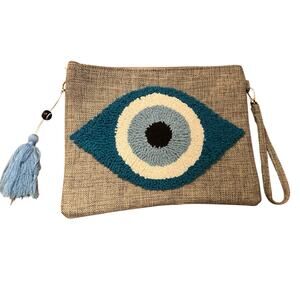 Joy Star Womens Cotton Clutch Crossbody Evil Eye Greek Bag Zip Around Beige NEW